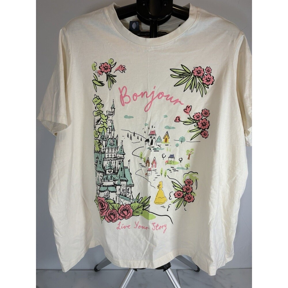 Disney Parks "Bonjour" Graphic Belle Beauty and the Beast T Shirt Women's 2XL
